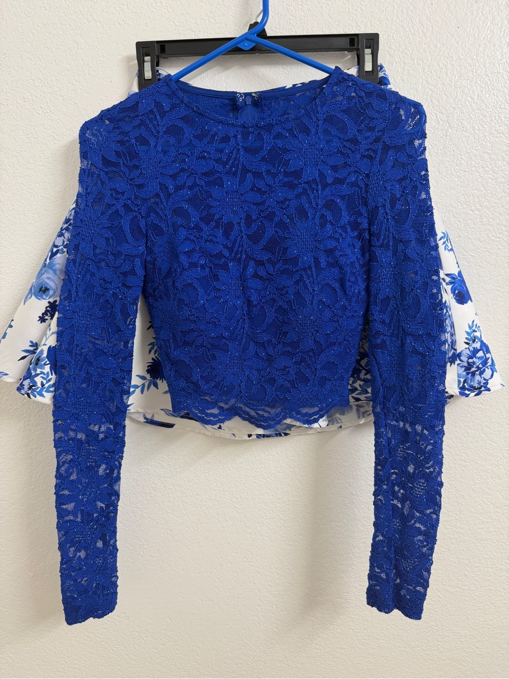 City Studio Royal Blue Lace Long Sleeve Crop Top and tulle lined skirt.
